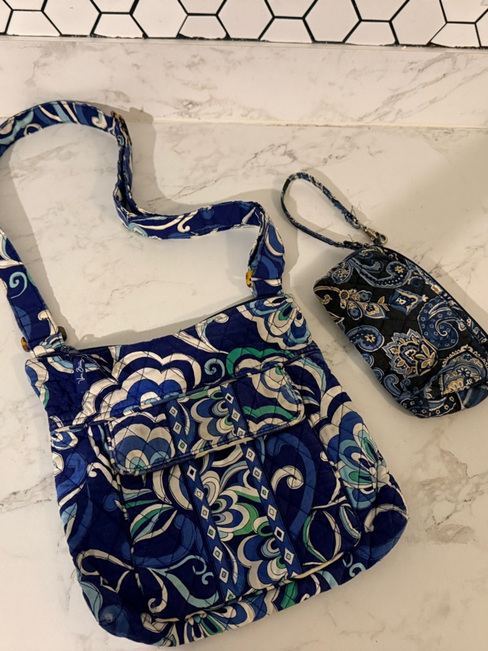 Vera Bradley Blue Floral Quilted Crossbody with Matching Wristlet